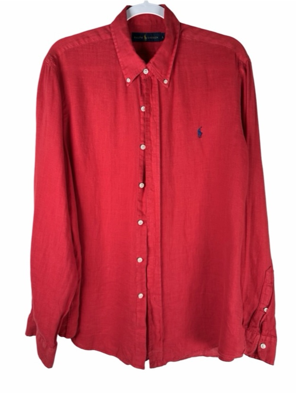 Ralph Lauren 100% Linen Solid Red Pony Long Sleeve Button Down Dress Shirt Large